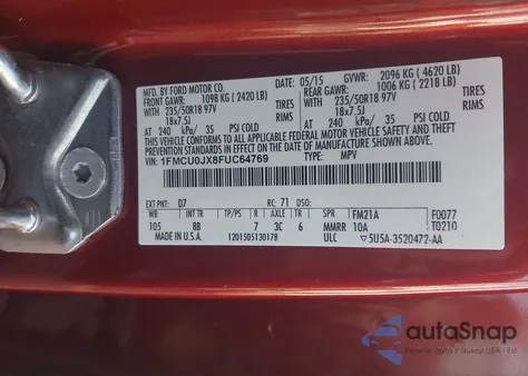 2015 Ford Escape Titanium from USA, damaged, VIN 1FMCU0JX8FUC64769